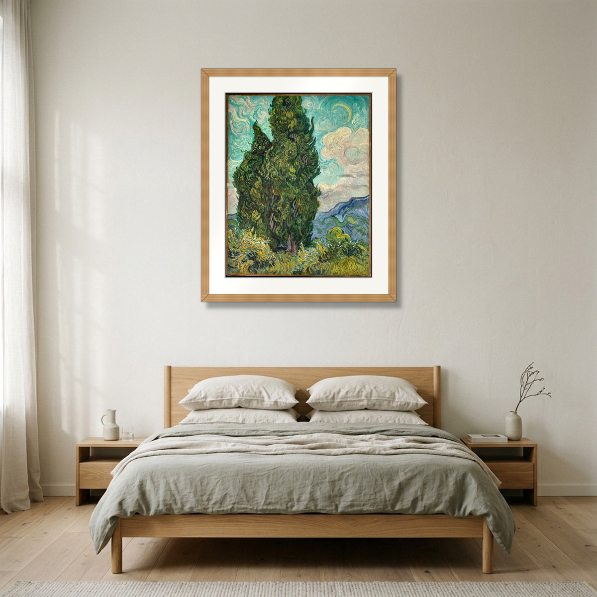 Cypresses (1889) – Vincent van Gogh framed in natural oak in a Nordic bedroom