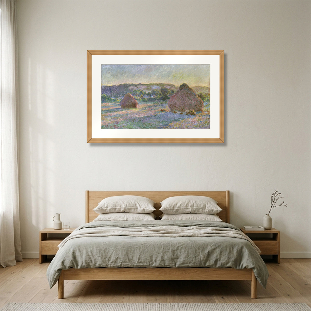 Stacks of Wheat (End of Summer) (1890–91) – Claude Monet framed in natural oak in a Nordic bedroom