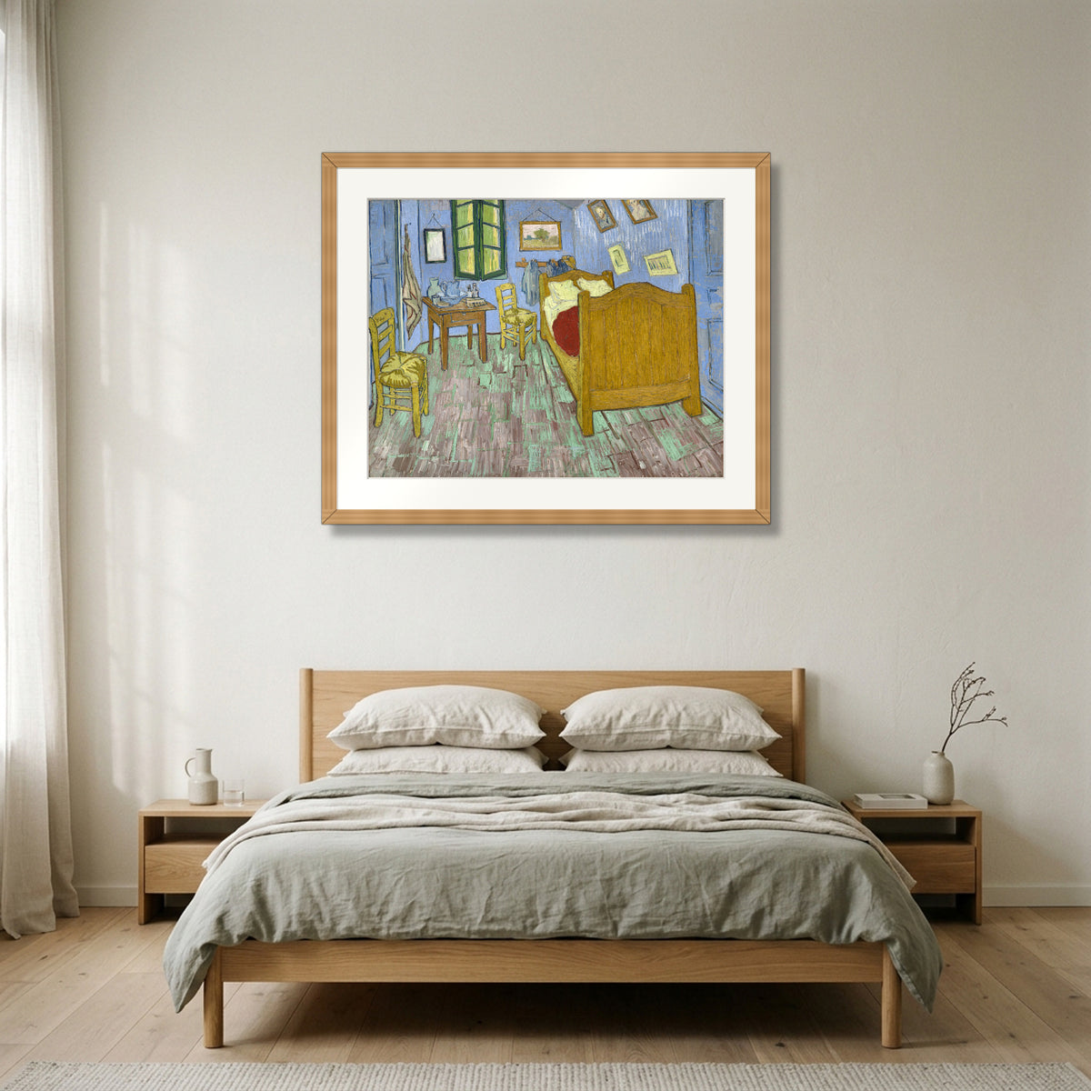 The Bedroom (1889) – Vincent van Gogh framed in natural oak in a Nordic bedroom