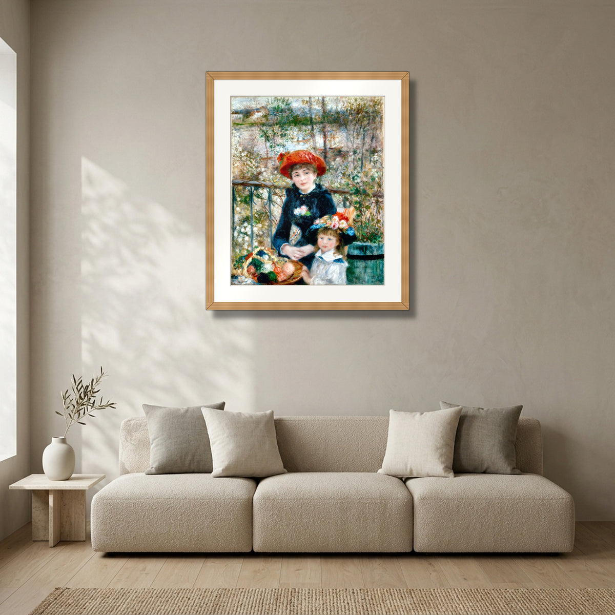 Two Sisters (On the Terrace) (1881) – Pierre-Auguste Renoir framed in solid natural oak in a modern living room