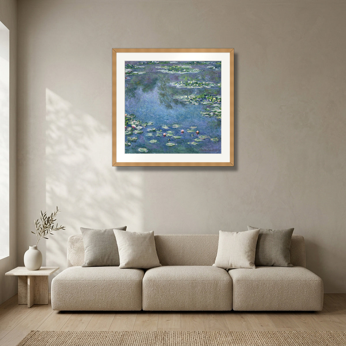 Water Lilies (1906) – Claude Monet framed in solid natural oak in a modern living room