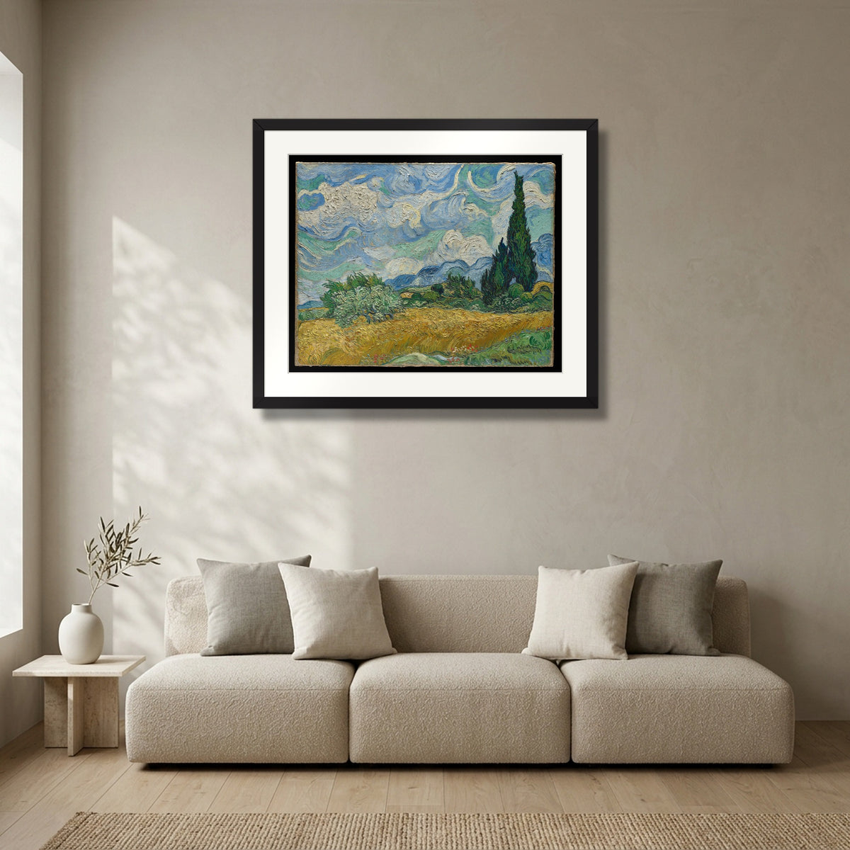 Wheat Field with Cypresses (1889) – Vincent van Gogh in a matte black gallery frame