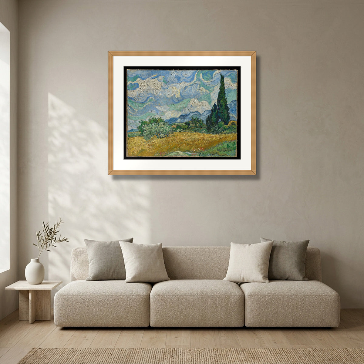 Wheat Field with Cypresses (1889) – Vincent van Gogh framed in solid natural oak in a modern living room