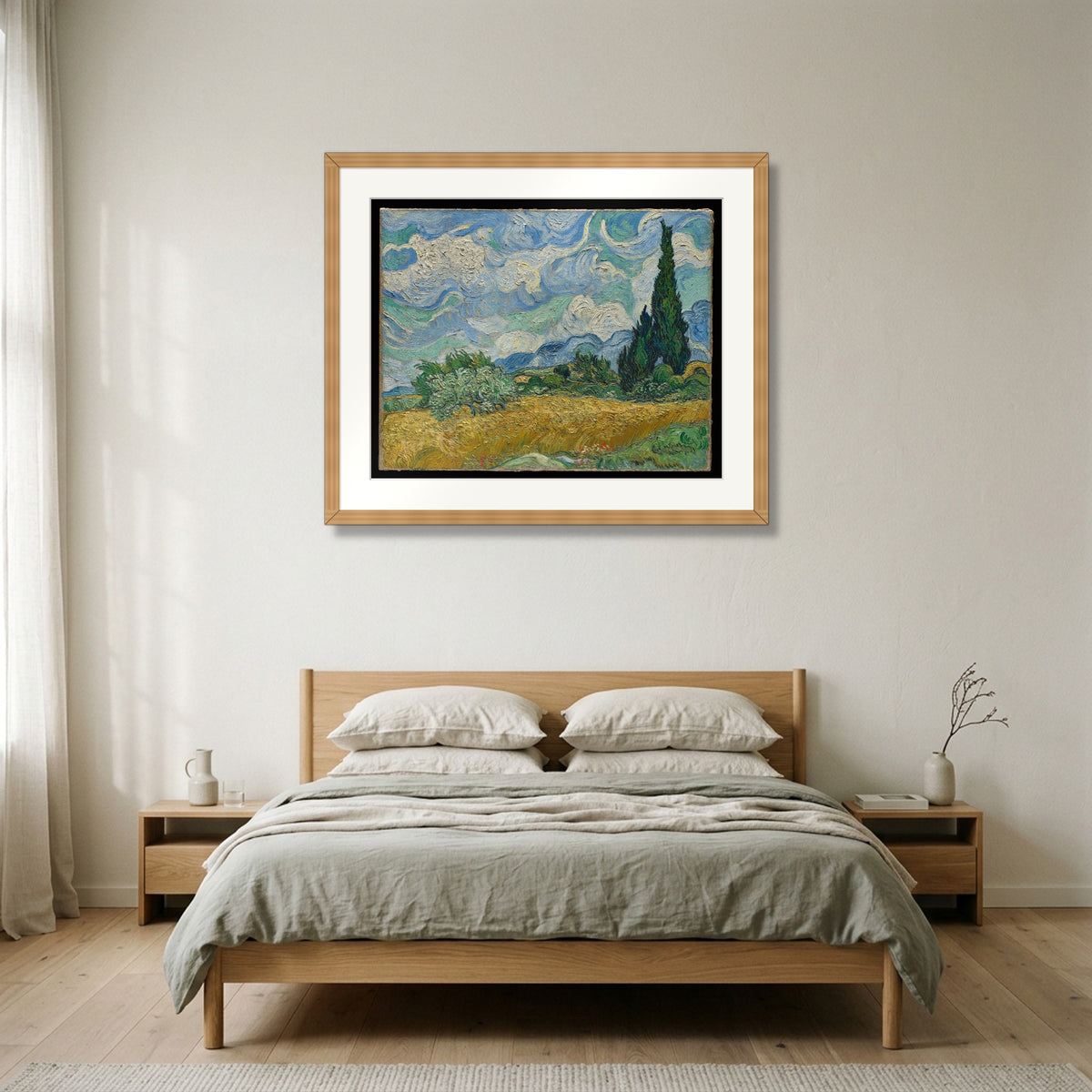 Wheat Field with Cypresses (1889) – Vincent van Gogh framed in natural oak in a Nordic bedroom