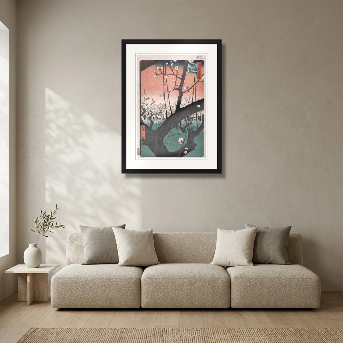 Plum Garden at Kameido (1857) – Utagawa Hiroshige in a matte black gallery frame