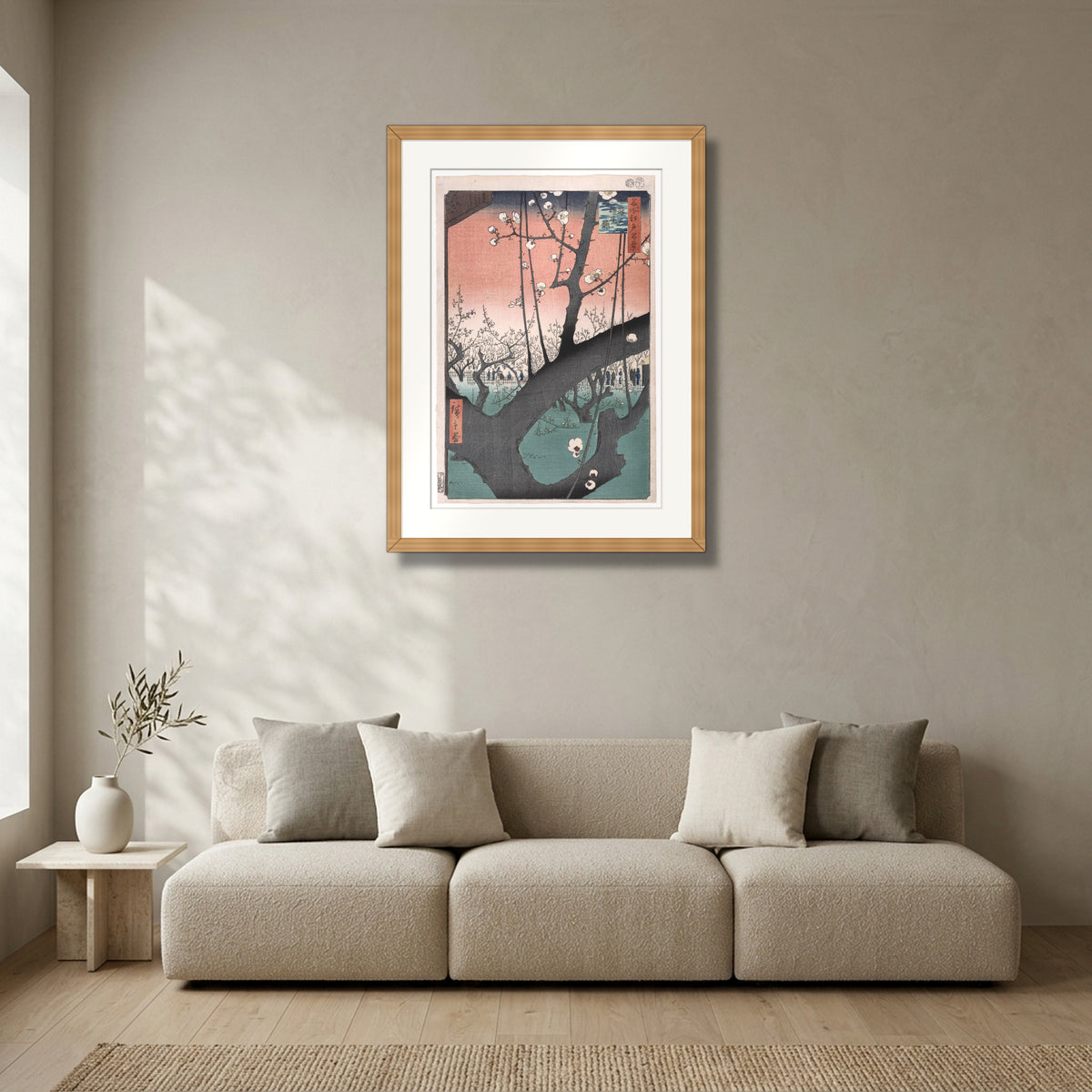 Plum Garden at Kameido (1857) – Utagawa Hiroshige framed in solid natural oak in a modern living room