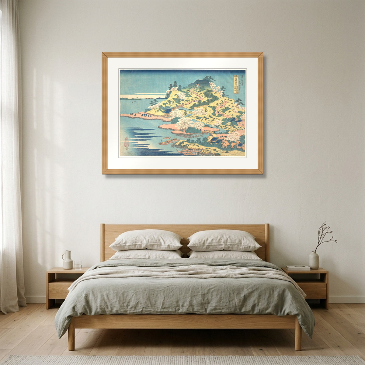 Tenpōzan at the Mouth of the Aji River in Settsu Province (1827–30) – Katsushika Hokusai framed in natural oak in a Nordic bedroom