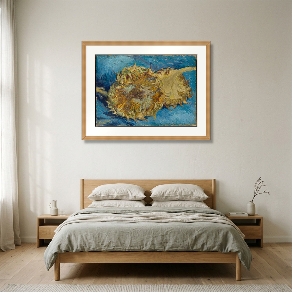 Sunflowers (1887) – Vincent van Gogh framed in natural oak in a Nordic bedroom