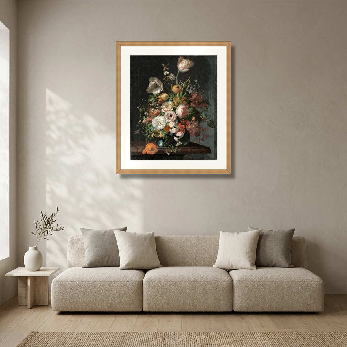 Still Life with Flowers in a Glass Vase (c. 1690–1720) – Rachel Ruysch framed in solid natural oak in a modern living room