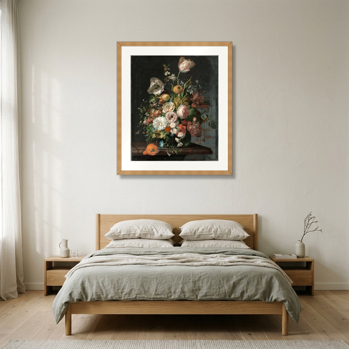 Still Life with Flowers in a Glass Vase (c. 1690–1720) – Rachel Ruysch framed in natural oak in a Nordic bedroom