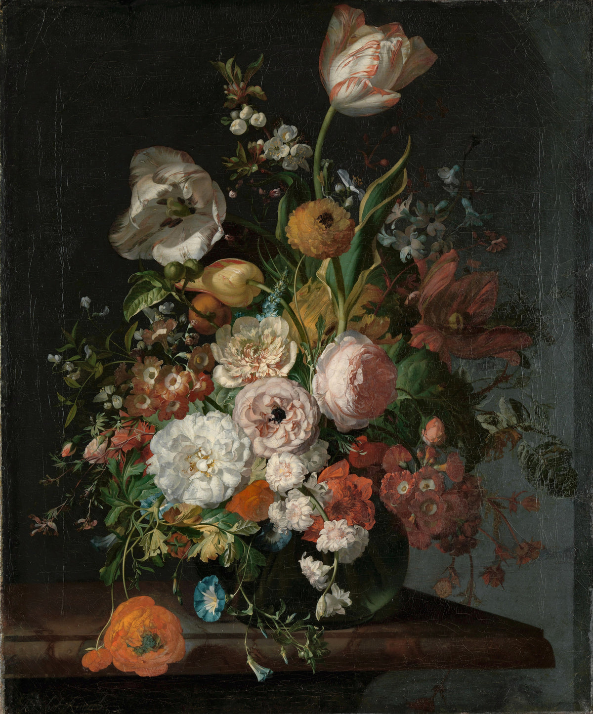 Still Life with Flowers in a Glass Vase (c. 1690–1720) – Rachel Ruysch – full uncropped restored painting