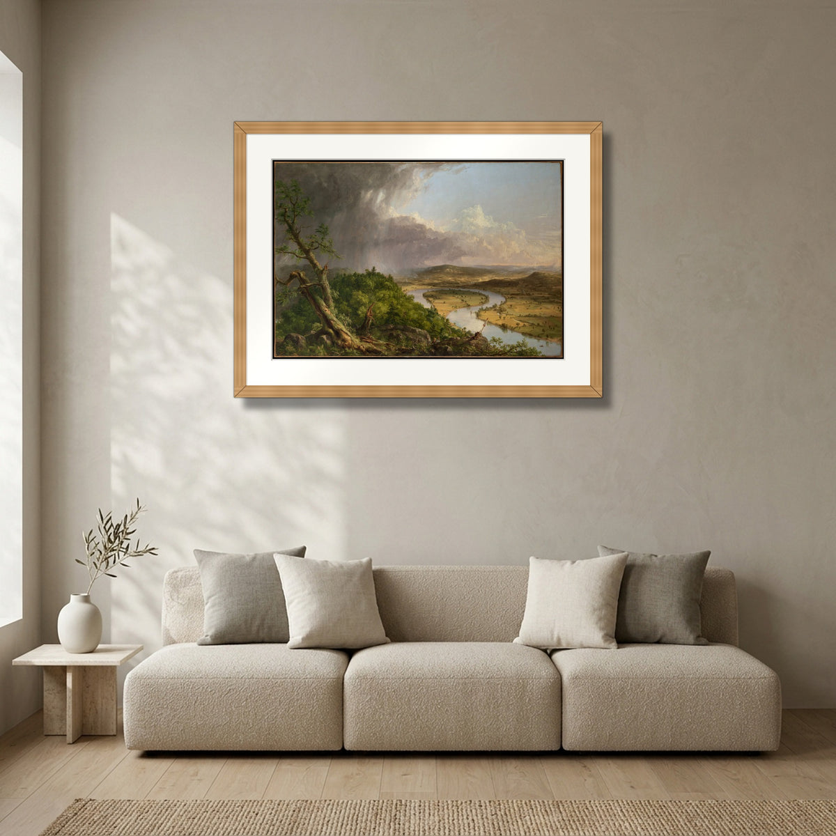 The Oxbow (View from Mount Holyoke after a Thunderstorm) (1836) – Thomas Cole framed in solid natural oak in a modern living room