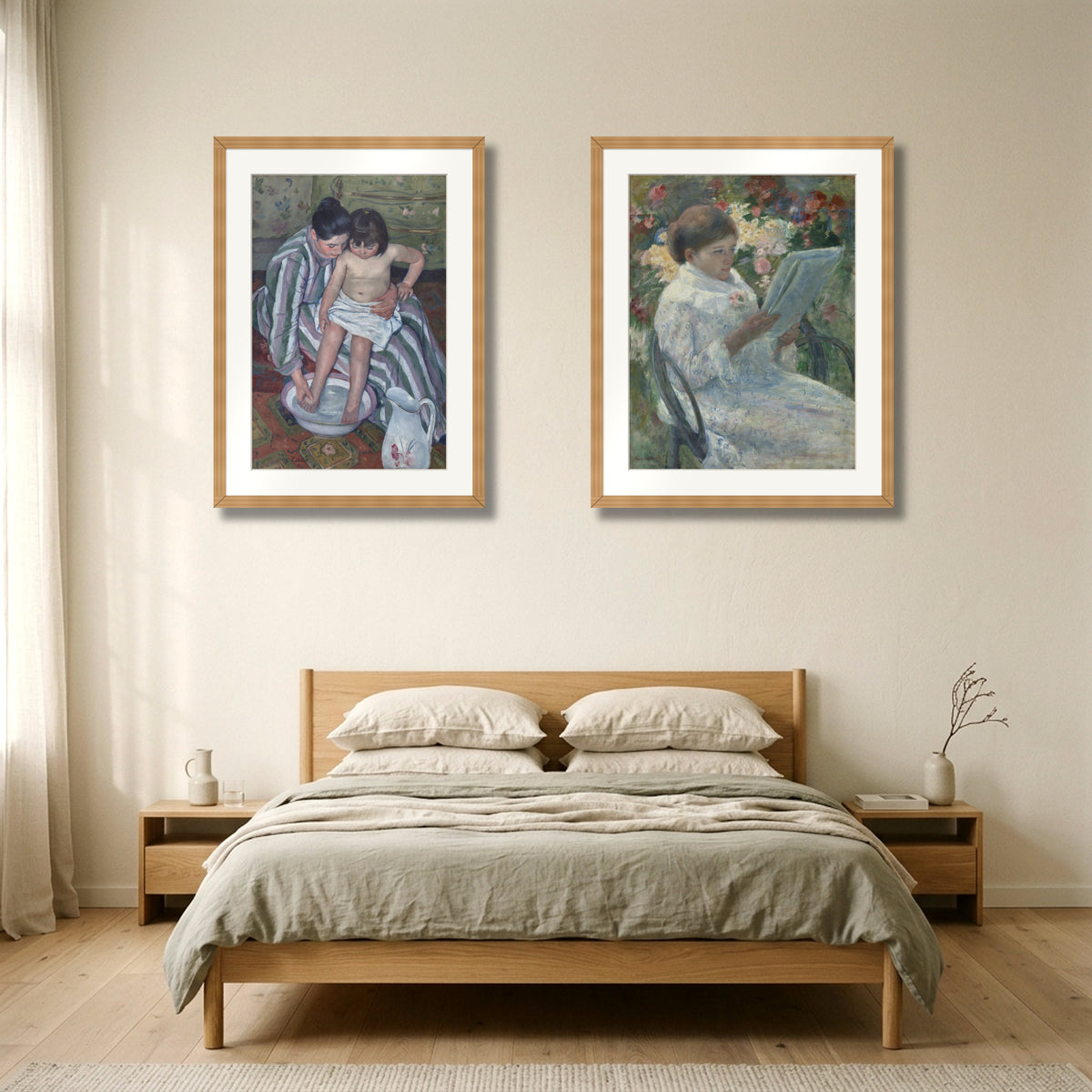 Mother and Child Diptych – The Child's Bath and On a Balcony by Mary Cassatt, two framed prints above a bed