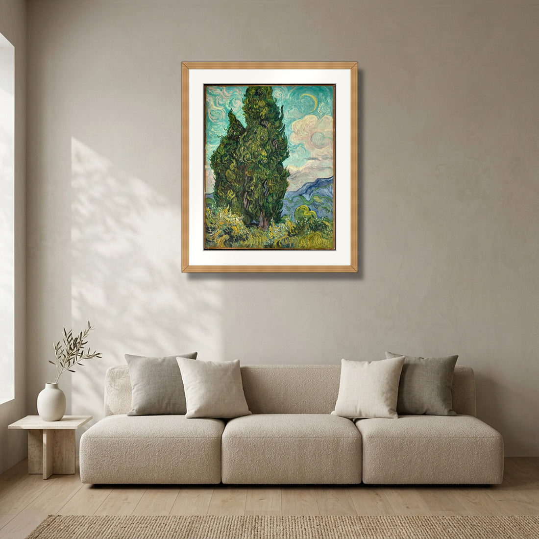 Cypresses (1889) – Vincent van Gogh framed in solid natural oak in a modern living room