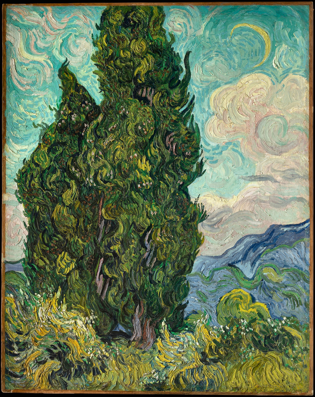 Cypresses (1889) – Vincent van Gogh – full uncropped restored painting