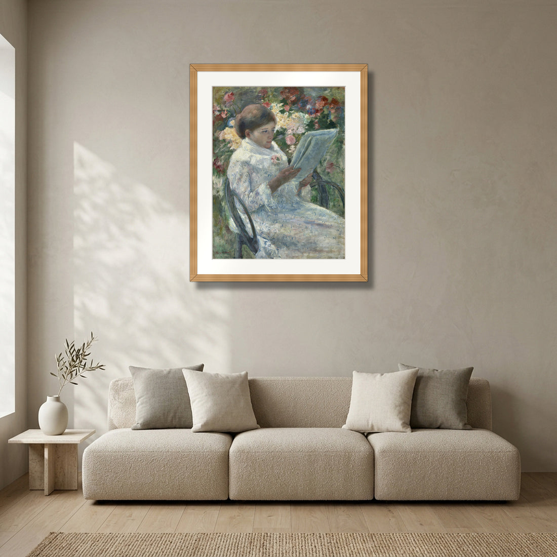 On a Balcony (1878–79) – Mary Cassatt framed in solid natural oak in a modern living room