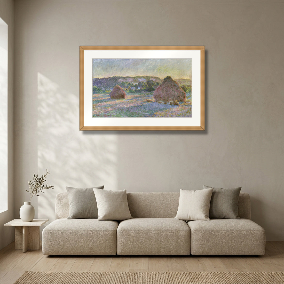 Stacks of Wheat (End of Summer) (1890–91) – Claude Monet framed in solid natural oak in a modern living room