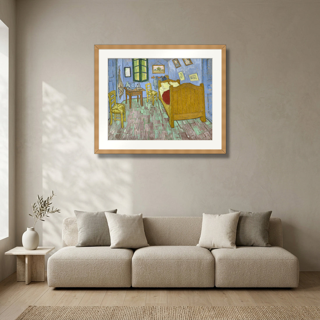 The Bedroom (1889) – Vincent van Gogh framed in solid natural oak in a modern living room