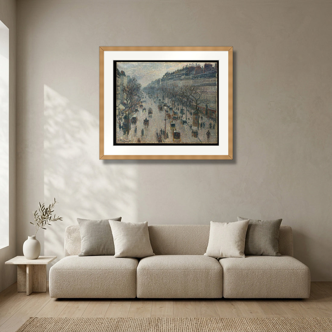 The Boulevard Montmartre on a Winter Morning (1897) – Camille Pissarro framed in solid natural oak in a modern living room