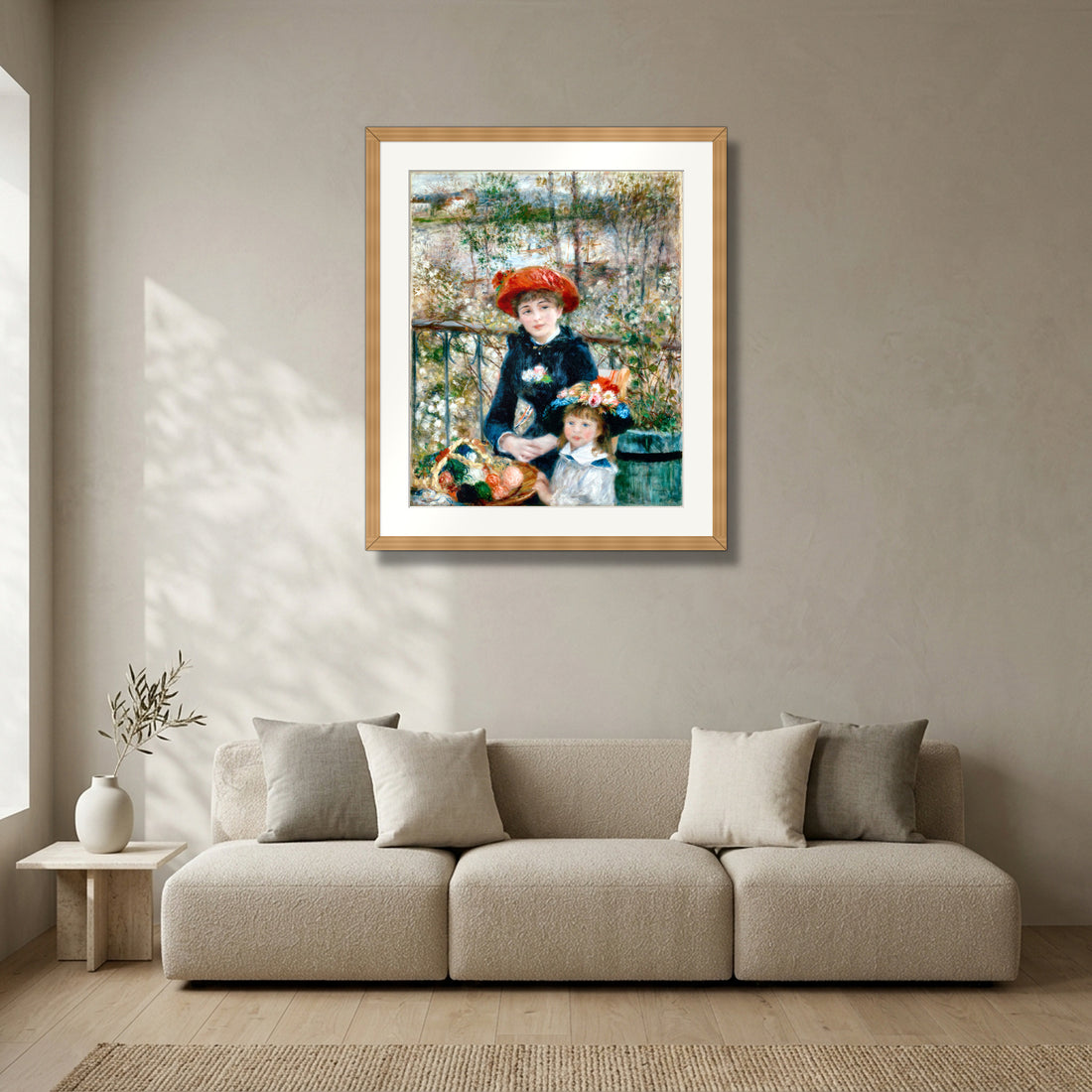 Two Sisters (On the Terrace) (1881) – Pierre-Auguste Renoir framed in solid natural oak in a modern living room