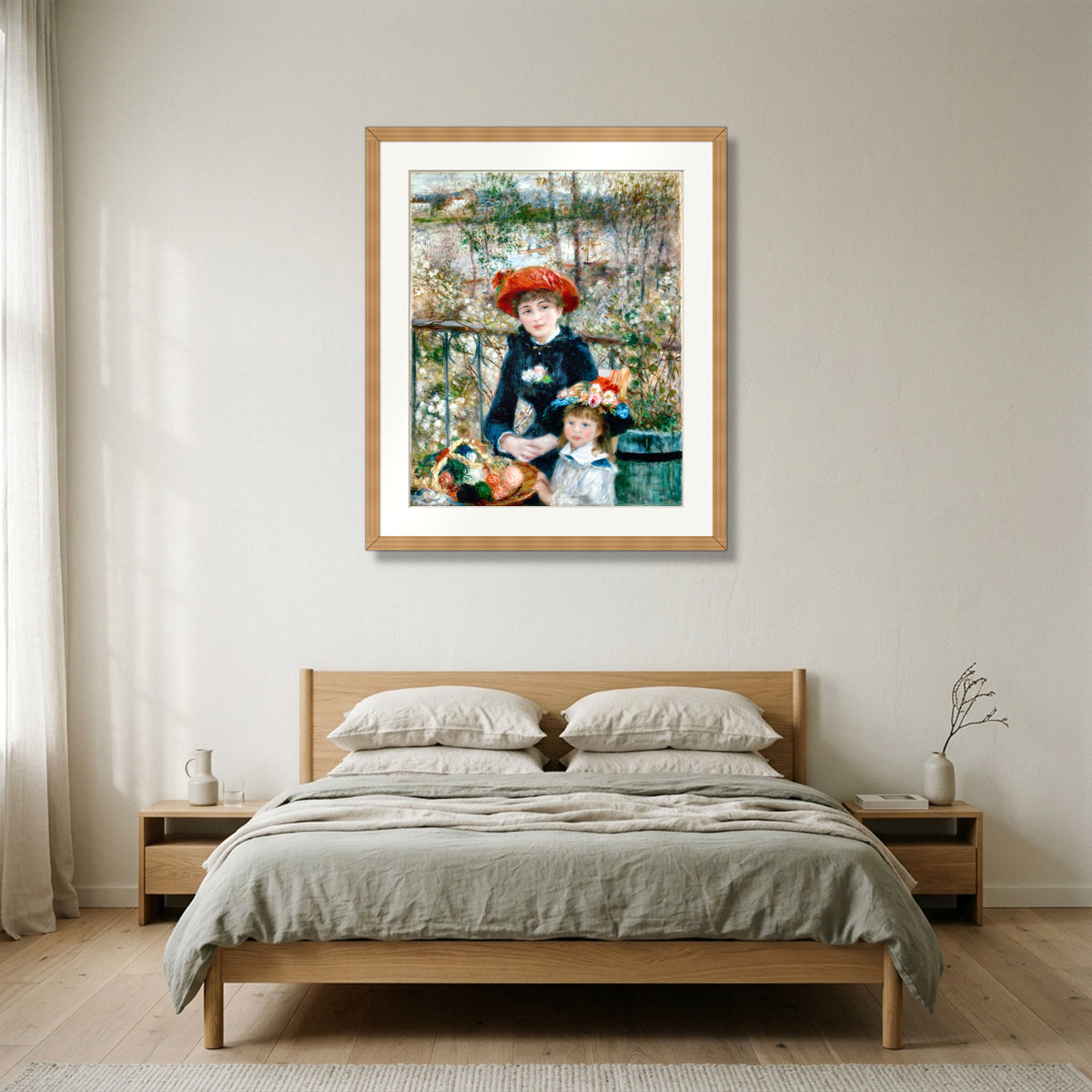 Two Sisters (On the Terrace) (1881) – Pierre-Auguste Renoir framed in natural oak in a Nordic bedroom