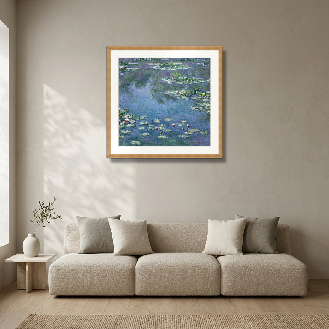 Water Lilies (1906) – Claude Monet framed in solid natural oak in a modern living room