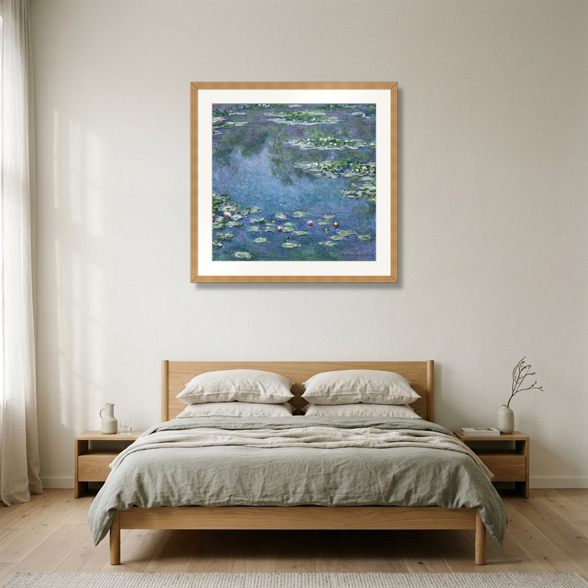 Water Lilies (1906) – Claude Monet framed in natural oak in a Nordic bedroom