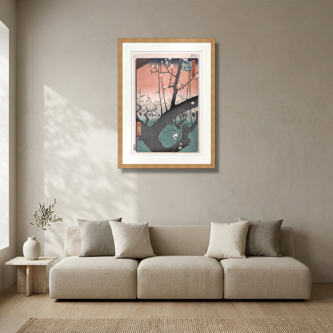 Plum Garden at Kameido (1857) – Utagawa Hiroshige framed in solid natural oak in a modern living room