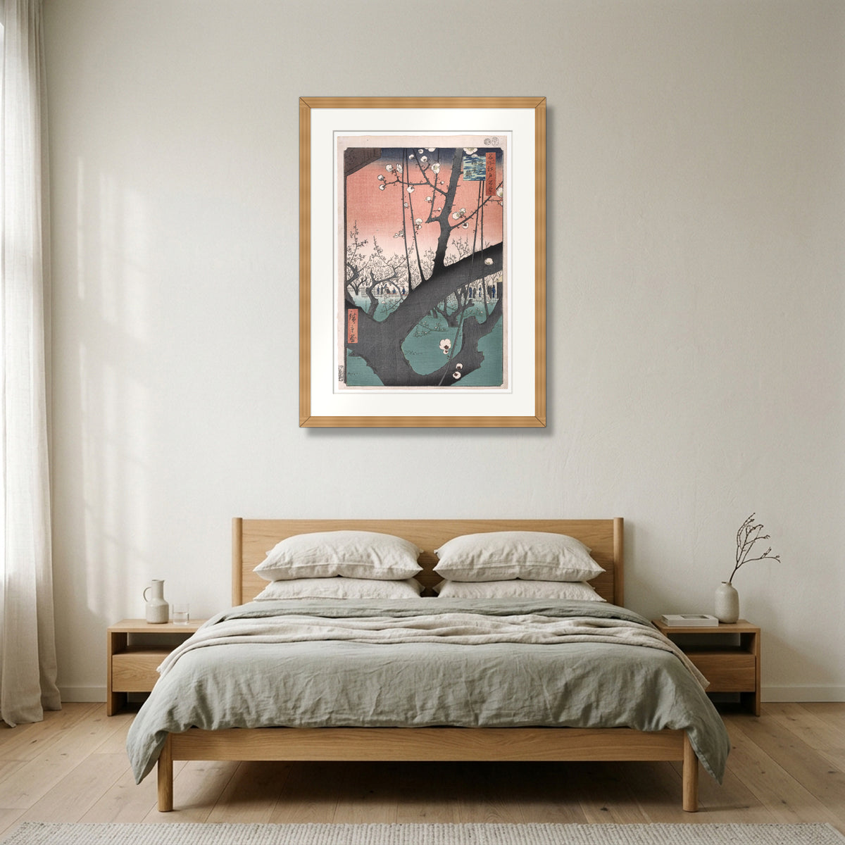 Plum Garden at Kameido (1857) – Utagawa Hiroshige framed in natural oak in a Nordic bedroom