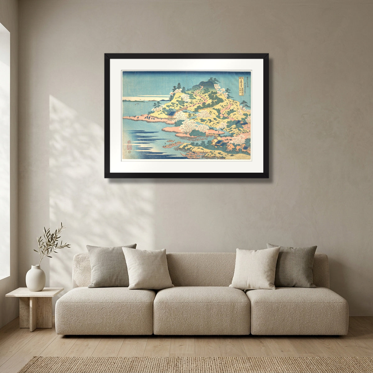 Tenpōzan at the Mouth of the Aji River in Settsu Province (1827–30) – Katsushika Hokusai in a matte black gallery frame