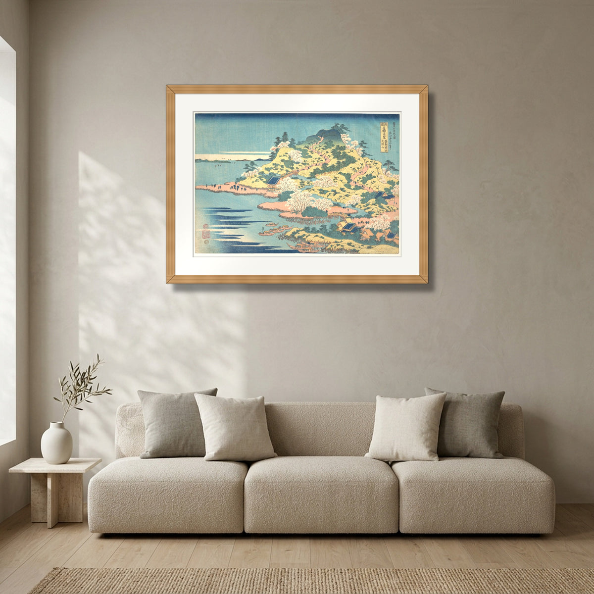 Tenpōzan at the Mouth of the Aji River in Settsu Province (1827–30) – Katsushika Hokusai framed in solid natural oak in a modern living room