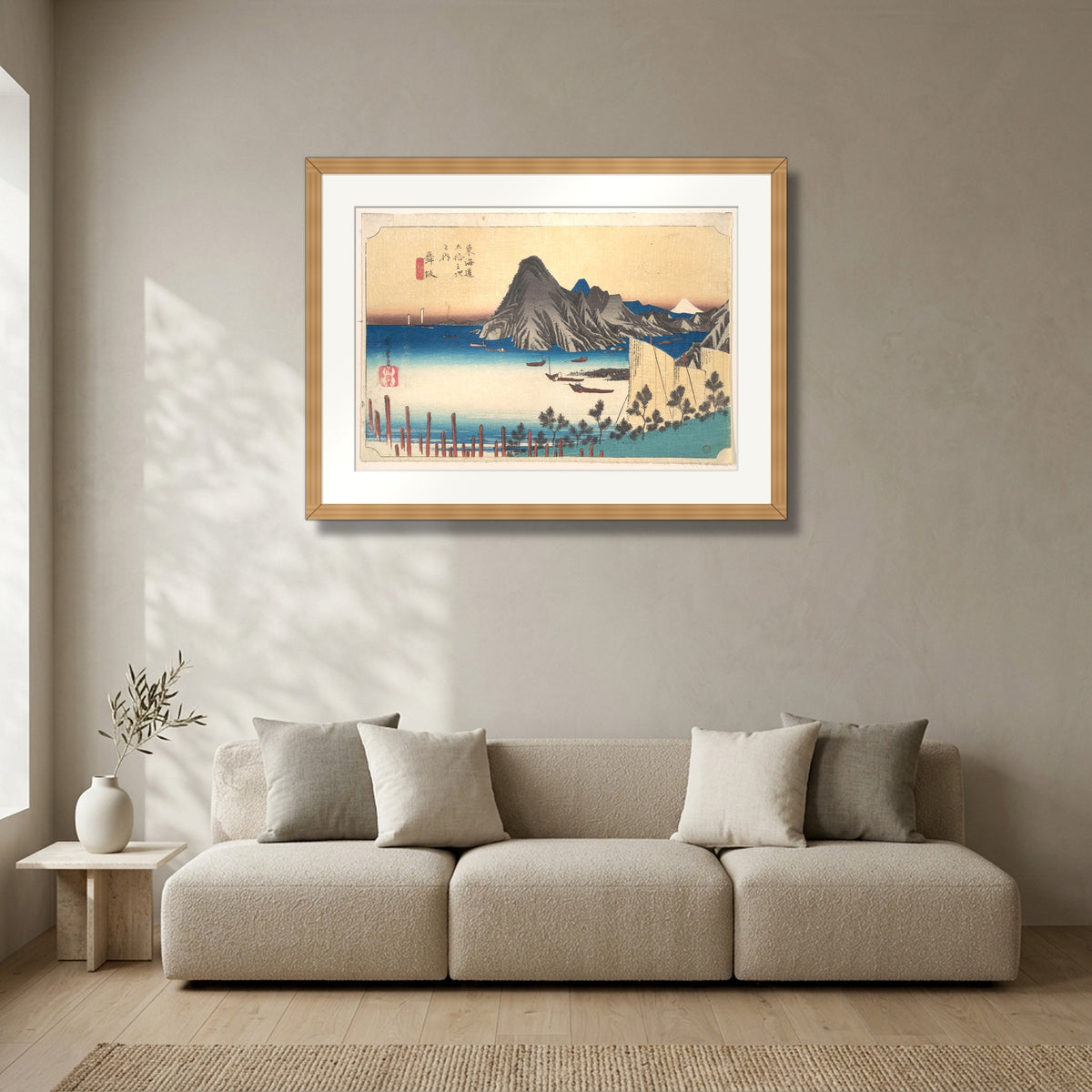 View of Imaki Point from Maizaka (ca. 1834) – Utagawa Hiroshige framed in solid natural oak in a modern living room