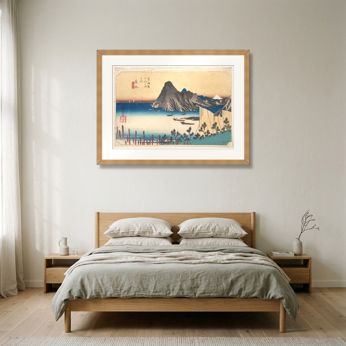 View of Imaki Point from Maizaka (ca. 1834) – Utagawa Hiroshige framed in natural oak in a Nordic bedroom