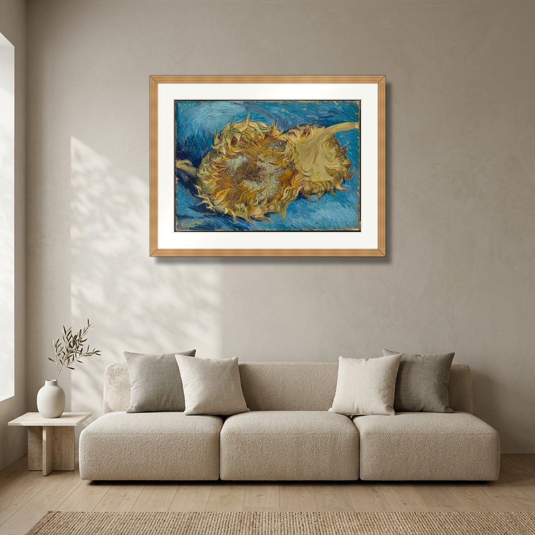 Sunflowers (1887) – Vincent van Gogh framed in solid natural oak in a modern living room