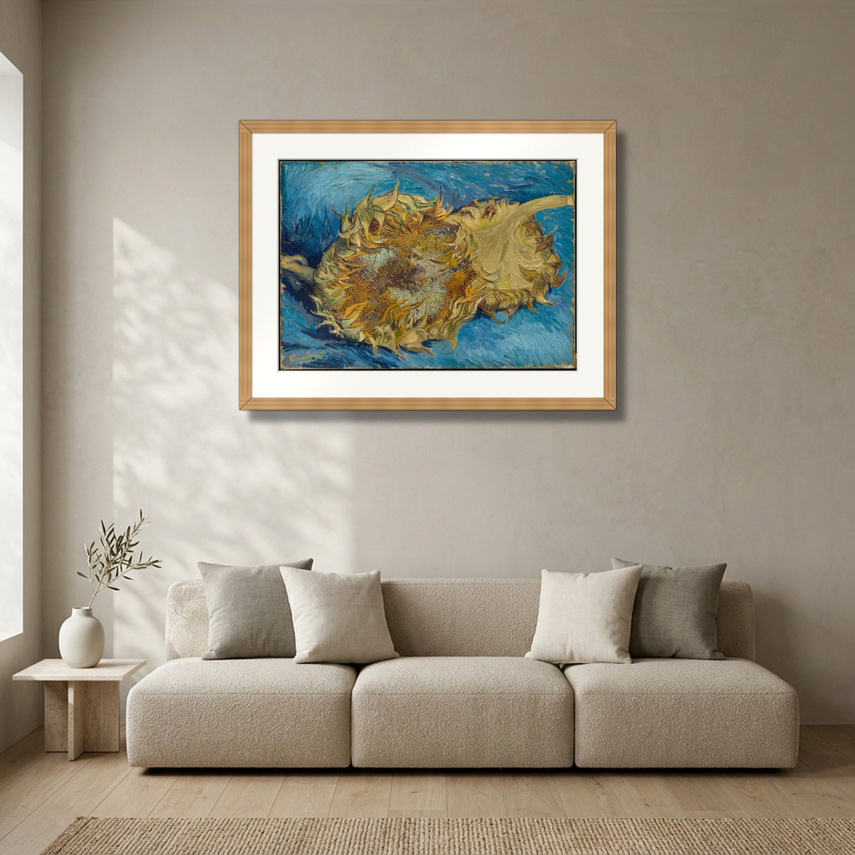 Sunflowers (1887) – Vincent van Gogh framed in solid natural oak in a modern living room