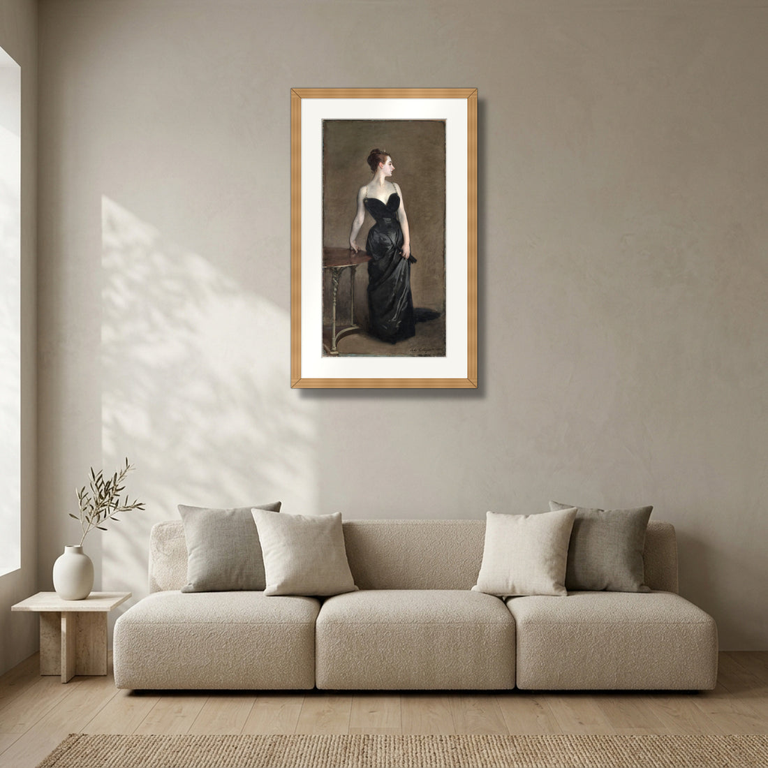 Madame X (Madame Pierre Gautreau) (1883–84) – John Singer Sargent framed in solid natural oak in a modern living room