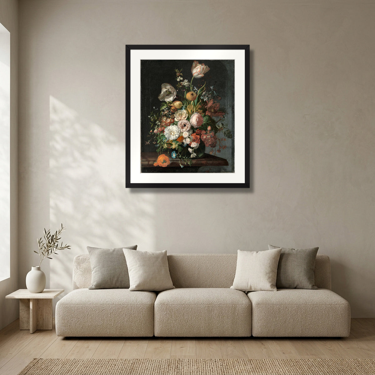 Still Life with Flowers in a Glass Vase (c. 1690–1720) – Rachel Ruysch in a matte black gallery frame