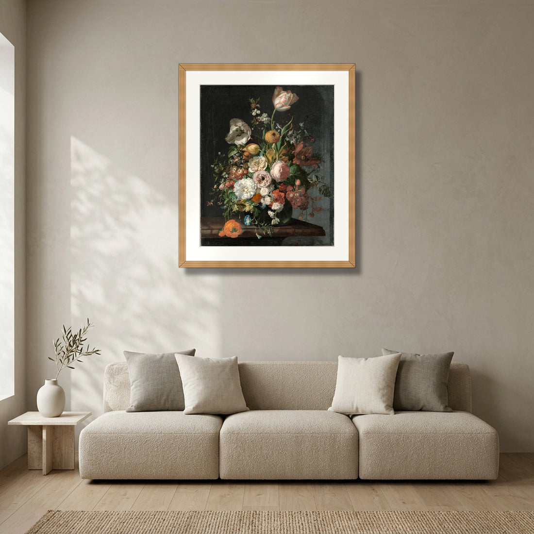 Still Life with Flowers in a Glass Vase (c. 1690–1720) – Rachel Ruysch framed in solid natural oak in a modern living room