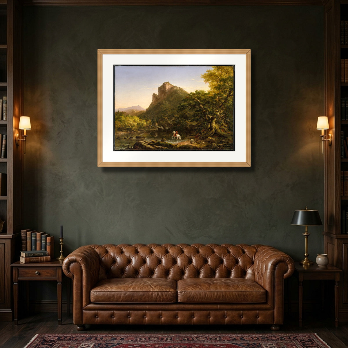 The Mountain Ford (1846) – Thomas Cole framed in natural oak in a classic library study