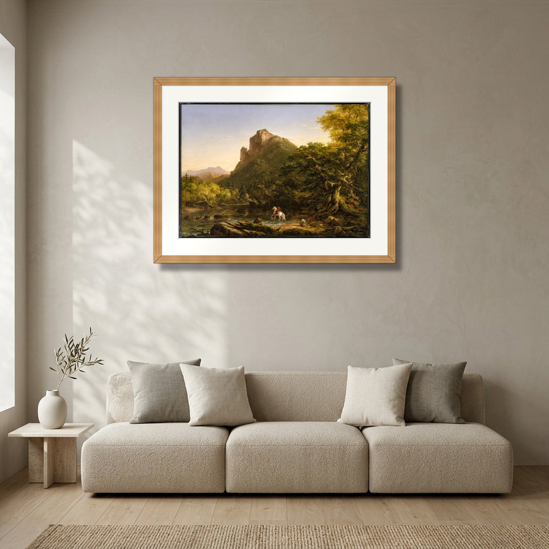 The Mountain Ford (1846) – Thomas Cole framed in solid natural oak in a modern living room