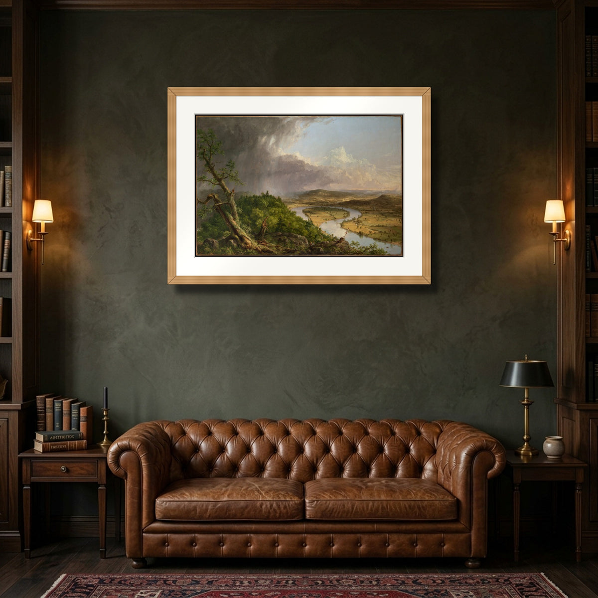 The Oxbow (View from Mount Holyoke after a Thunderstorm) (1836) – Thomas Cole framed in natural oak in a classic library study