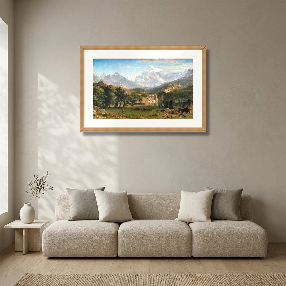 The Rocky Mountains, Lander's Peak (1863) – Albert Bierstadt framed in solid natural oak in a modern living room