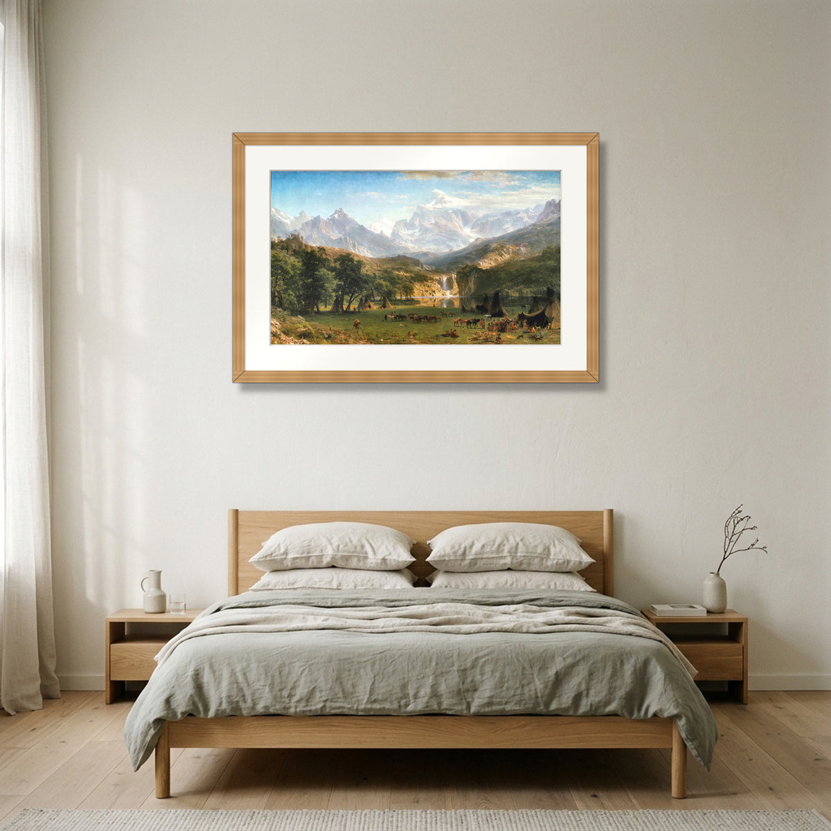 The Rocky Mountains, Lander's Peak (1863) – Albert Bierstadt framed in natural oak in a Nordic bedroom
