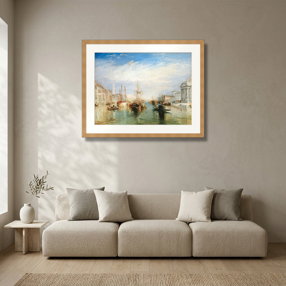 Venice, from the Porch of Madonna della Salute (ca. 1835) – J.M.W. Turner framed in solid natural oak in a modern living room