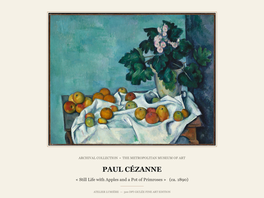 Still Life with Apples and a Pot of Primroses (ca. 1890) – Paul Cézanne | Framed Archival Fine Art Print