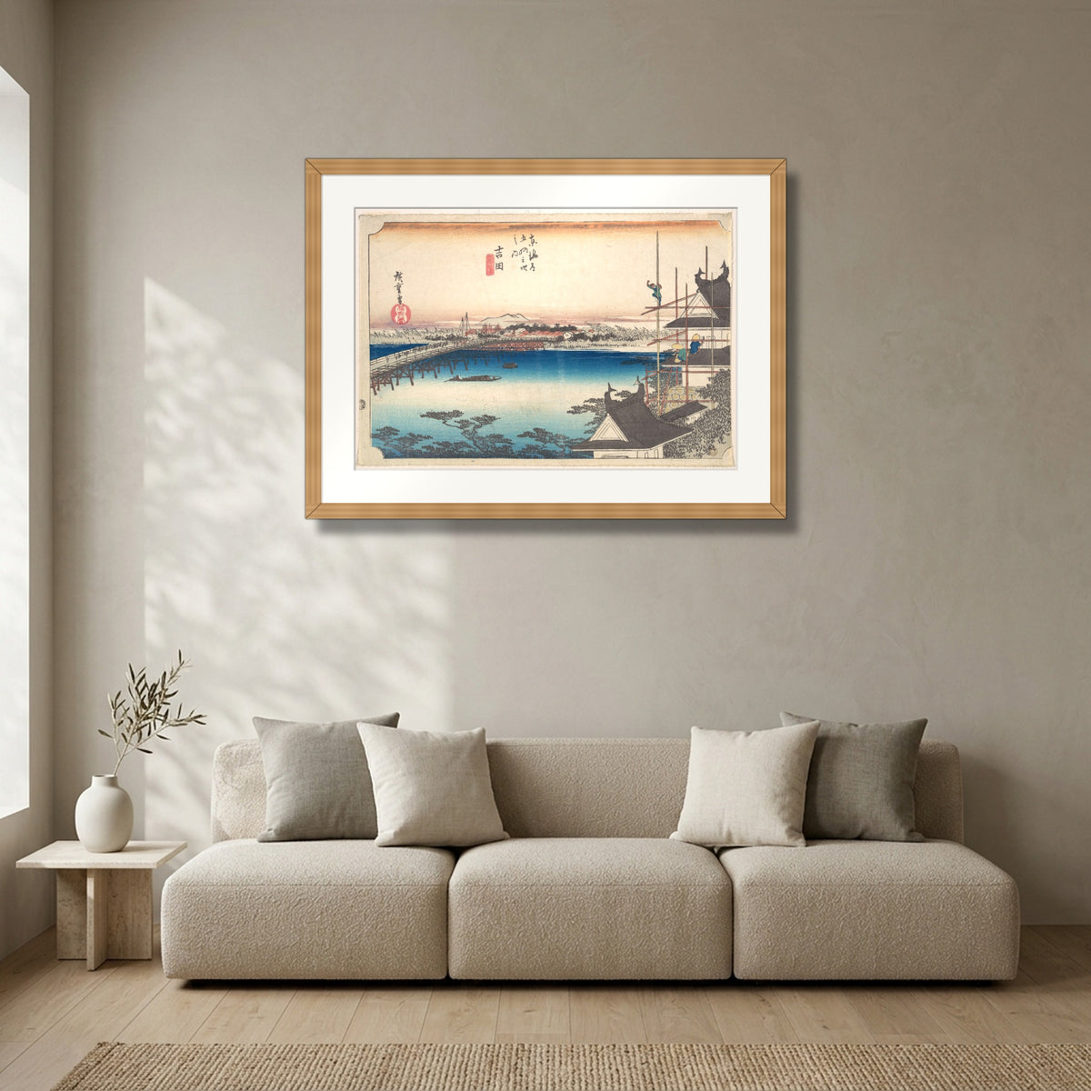 Yoshida, Toyokawa Bridge (Toyokawa Hashi) (ca. 1834) – Utagawa Hiroshige | Framed Archival Fine Art Print