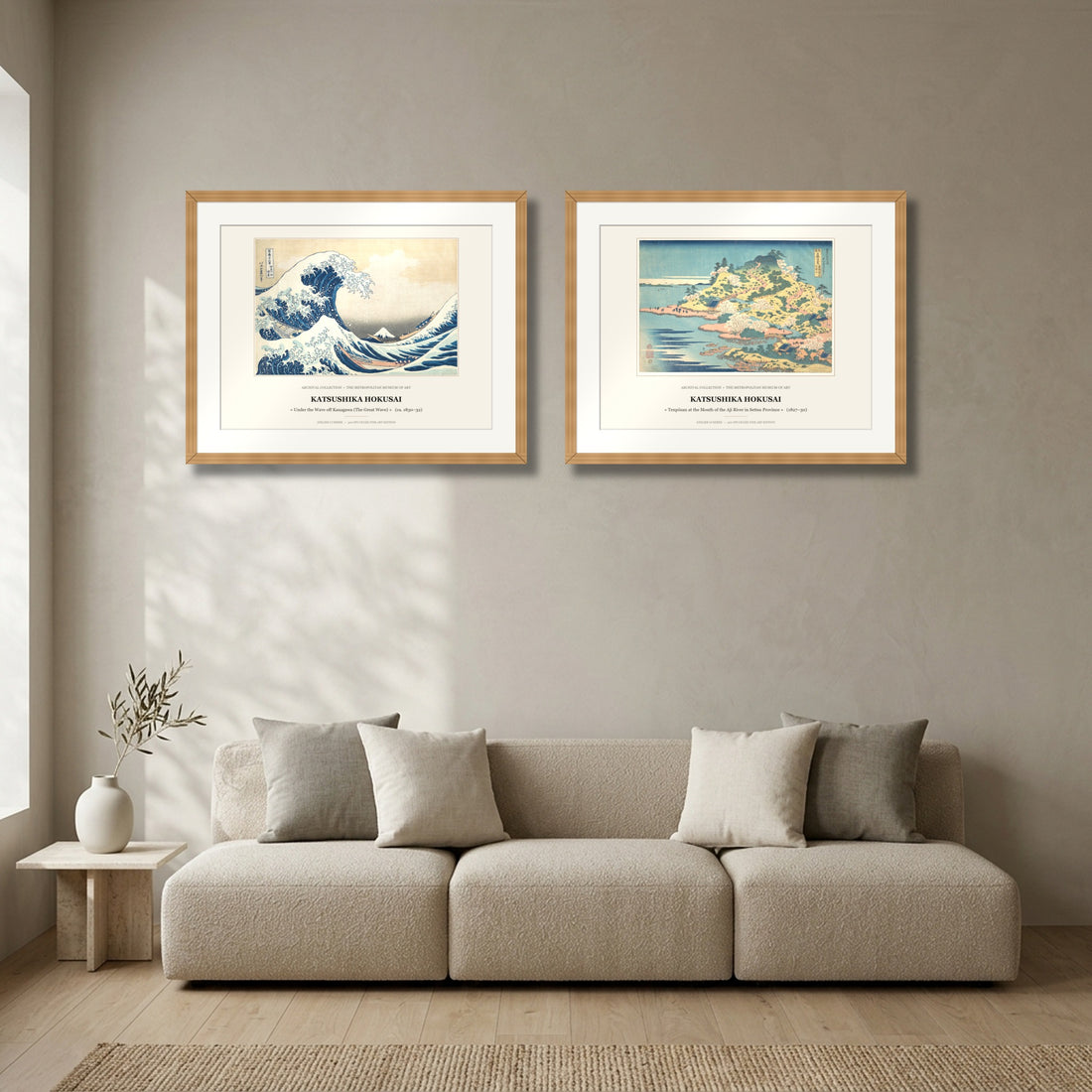 Japandi Masterpiece Diptych (Set of 2 Framed Prints): The Great Wave & Tenpōzan – Katsushika Hokusai