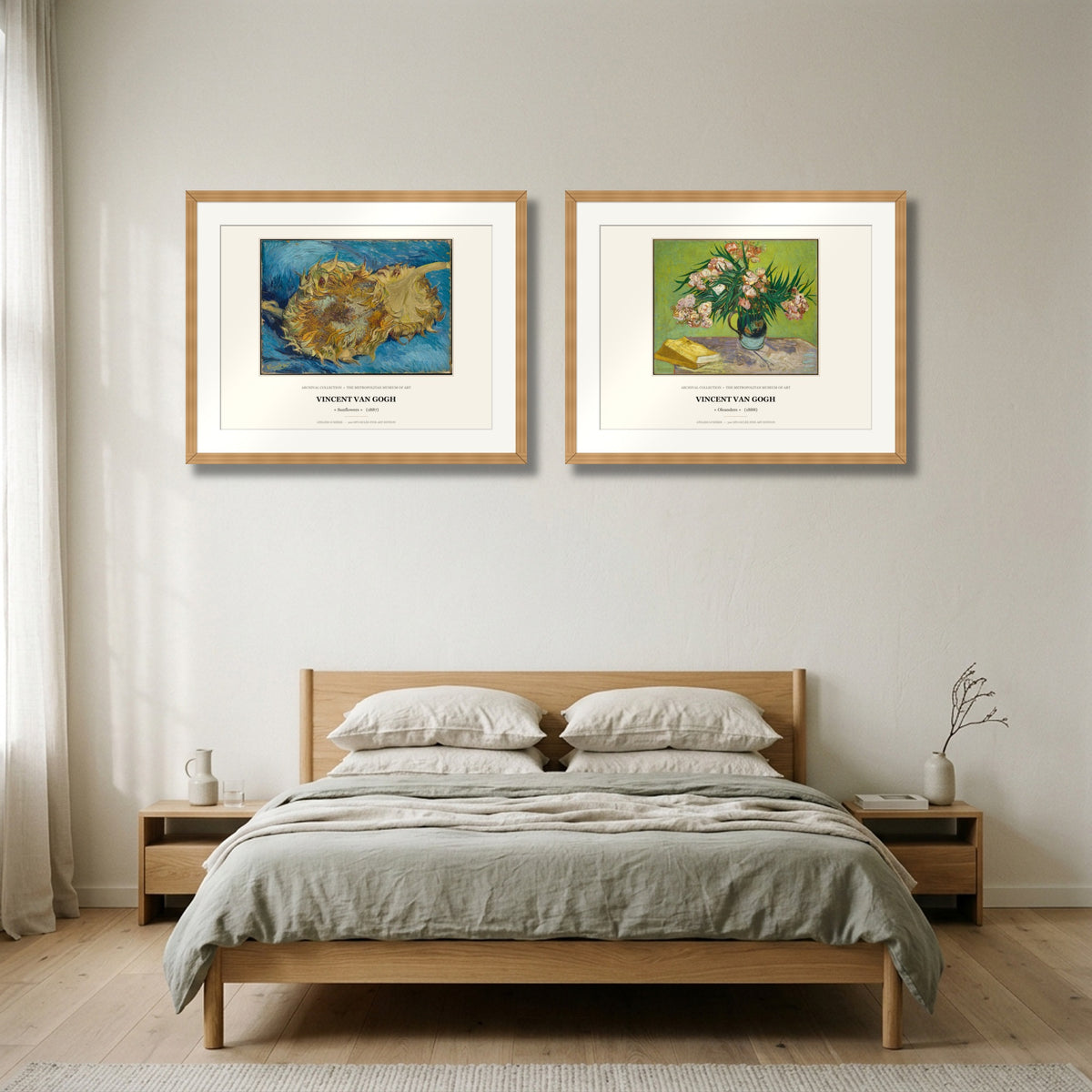 Post-Impressionist Floral Diptych – Sunflowers and Oleanders by Vincent van Gogh, two framed prints above a sofa