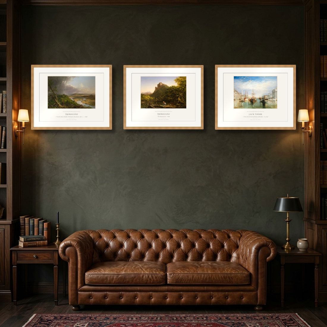 Grand Romantic Landscapes Triptych – The Oxbow and The Mountain Ford by Thomas Cole and Venice by J.M.W. Turner, three framed prints in a library