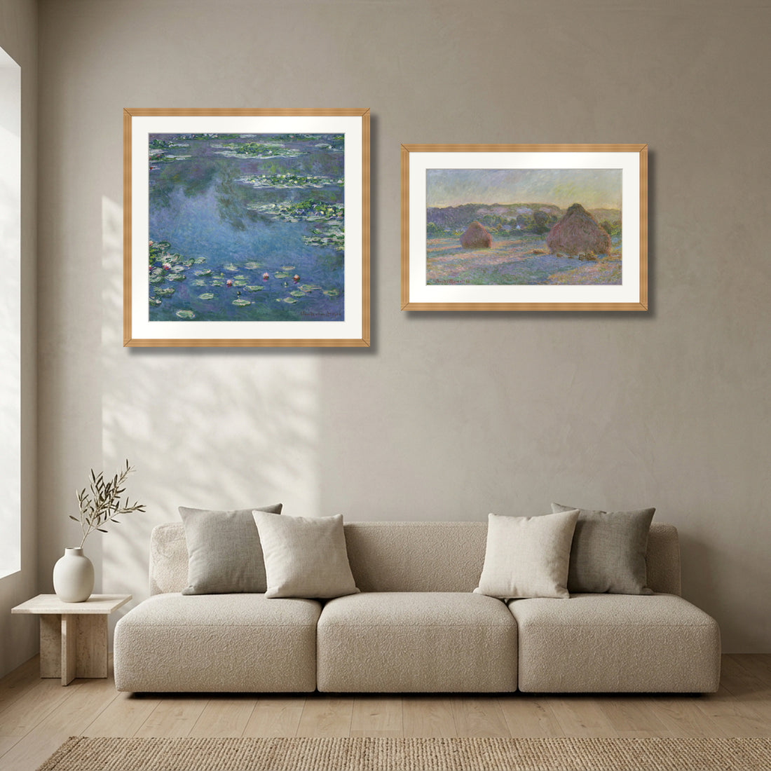Monet's Seasons Diptych – Water Lilies and Stacks of Wheat by Claude Monet, two framed prints above a sofa